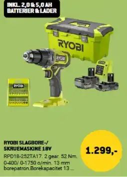 XL-BYG RYOBI Slagbore-/ skruemaskine 18v tilbud