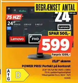 Power Lenovo 23,8" skærm POWER PRIS! Perfekt på kontoret tilbud