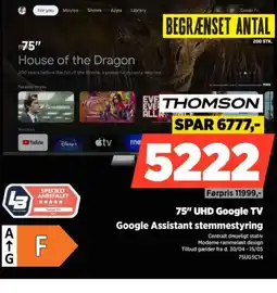 Power THOMSON 75" UHD Google TV Google Assistant stemmestyring tilbud