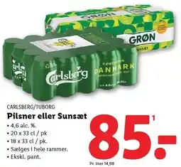 Lidl Carlsberg/Tuborg Pilsner eller Sunsæt tilbud