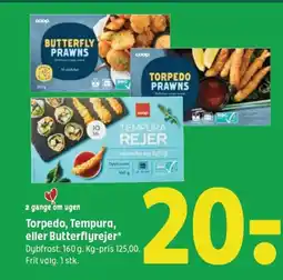 Coop 365 Torpedo, Tempura, eller Butterflyrejer* Dybfrost. 160 g. Kg-pris 125,00. Frit valg. 1 stk. tilbud