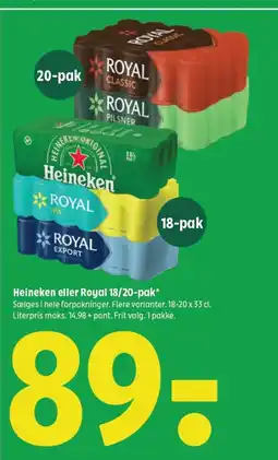 Coop 365 Heineken eller Royal 18/20-pak* tilbud