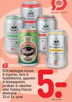 REMA 1000 EGO økologisk lemon & ingefær, lime & hyldeblomst, appelsin & blodappelsin, jordbær & rabarber eller tuborg classic økologisk tilbud