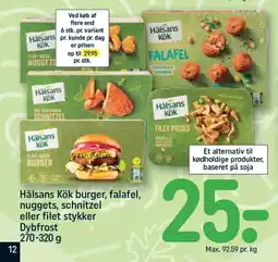 REMA 1000 Hälsans kök burger, falafel, nuggets, schnitzel eller filet stykker dybfrost tilbud