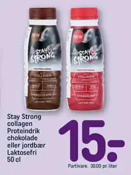 REMA 1000 STAYS STRONG Collagen proteindrik chokolade eller jordbaer laktosefri tilbud