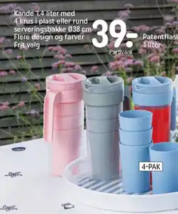 REMA 1000 Kande 1.4 liter med 4 krus i plast eller rund serveringsbakke 038 cm flere design og farver frit valg tilbud