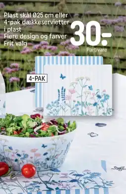 REMA 1000 Plast skål 025 cm eller 4-pak dækkeservietter i plast flere design og farver frit valg tilbud