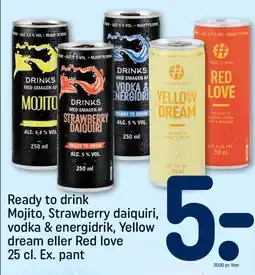 REMA 1000 Ready to drink mojito, strawberry daiquiri, vodka & energidrik, yellow dream eller red love tilbud
