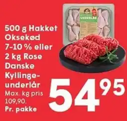 SPAR 500 g hakket Oksekød 7-10% eller 2 kg Rose Danske Kyllingeunderlår tilbud