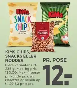 MENY KIMS CHIPS, SNACKS ELLER NØDDER tilbud