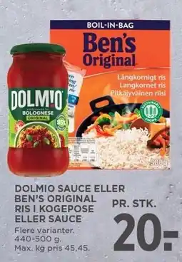 MENY DOLMIO SAUCE ELLER BEN'S ORIGINAL RIS I KOGEPOSE ELLER SAUCE tilbud