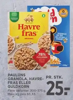 MENY PAULÚNS GRANOLA, HAVREFRAS ELLER GULDKORN tilbud