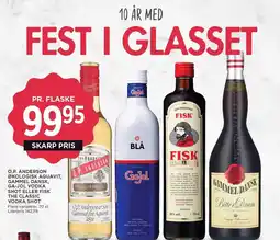MENY O.P. ANDERSON ØKOLOGISK AQUAVIT, GAMMEL DANSK, GA-JOL VODKA SHOT ELLER FISK THE CLASSIC VODKA SHOT tilbud
