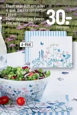 REMA 1000 Plast skål eller 4-pak dækkeservietter i plast tilbud