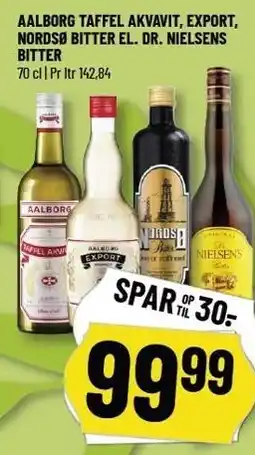 Løvbjerg AALBORG TAFFEL AKVAVIT, EXPORT, NORDSØ BITTER EL. DR. NIELSENS BITTER tilbud