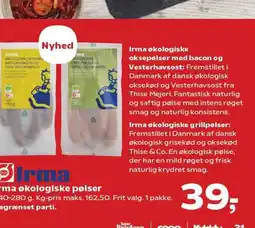 SuperBrugsen Irma økologiske oksepølser med bacon og Vesterhavsost: tilbud