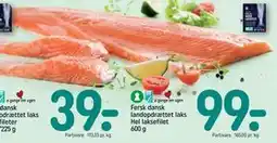 REMA 1000 Fersk dansk landopdrættet laks Hel laksefilet 600 g tilbud