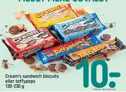 REMA 1000 Cream's sandwich biscuits eller toffypops 120-230 g tilbud