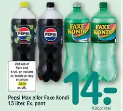 REMA 1000 Pepsi Max eller Faxe Kondi 1.5 liter. Ex. pant tilbud