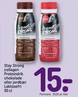 REMA 1000 Stay Strong collagen Proteindrik chokolade eller jordbær Laktosefri 50 cl tilbud