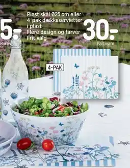 REMA 1000 Plast skål Ø25 cm eller 4-pak dækkeservietter i plast Flere design og farver Frit valg tilbud
