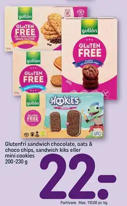 REMA 1000 Glutenfri sandwich chocolate, oats & choco chips, sandwich kiks eller mini cookies tilbud