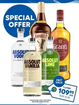 Scandlines Travel Shop Amarula Cream, Grant’s Triple Wood, Absolut Blå, Vanilia eller Lime tilbud