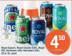 REMA 1000 Royal Export, Royal Classic 0.0%, Royal IPA, Heineken eller Heineken 0.0% tilbud