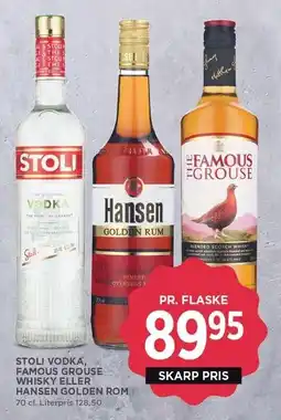 MENY STOLI VODKA, FAMOUS GROUSE WHISKY ELLER HANSEN GOLDEN ROM tilbud