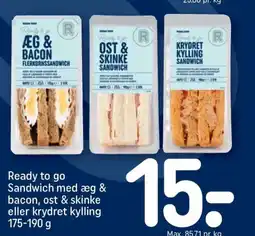 REMA 1000 READY TO GO Sandwich med æg & bacon, ost & skinke eller krydret kylling tilbud