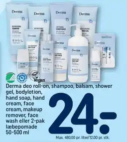 REMA 1000 DERMA deo roll-on, shampoo, balsam, shower gel tilbud