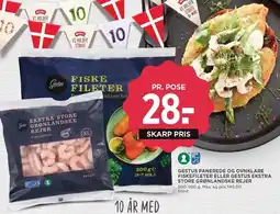 MENY GESTUS PANEREDE OG OVNKLARE FISKEFILETER ELLER GESTUS EKSTRA STORE GRØNLANDSKE REJER tilbud