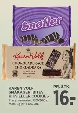 MENY KAREN VOLF SMÅKAGER, BITES, KIKS ELLER COOKIES tilbud