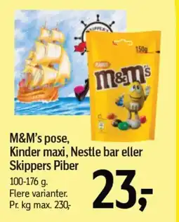 Føtex M&M's pose, Kinder maxi, Nestle bar eller Skippers Piber tilbud