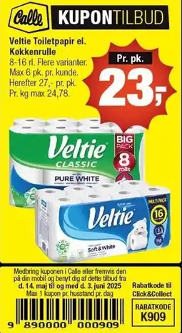 Calle Veltie Toiletpapir el. Køkkenrulle tilbud