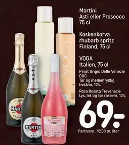 REMA 1000 Martini Asti eller Prosecco, Koskenkorva rhubarb spritz eller VOGA tilbud