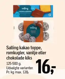 Føtex SALLING kakao toppe, romkugler, vanilje eller chokolade kiks tilbud