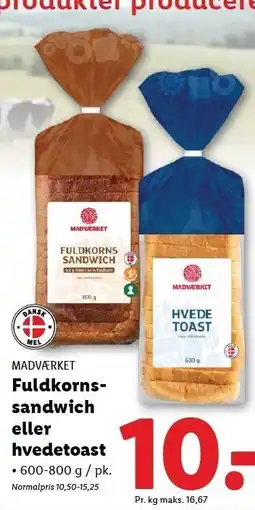 Lidl MADVÆRKET Fuldkornssandwich eller hvedetoast tilbud