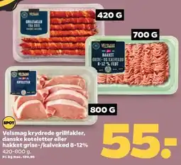 Netto Velsmag krydrede grillfakler, danske koteletter eller hakket grise-/kalvekød 8-12% tilbud