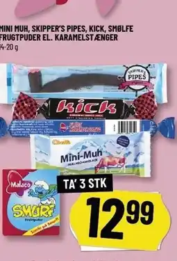 Løvbjerg MINI MUH, SKIPPER'S PIPES, KICK, SMØLFE FRUGTPUDER EL. KARAMELSTÆNGER - TA' 3 STK tilbud