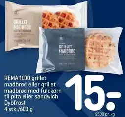 REMA 1000 REMA 1000 grillet madbrød eller grillet madbrød med fuldkorn til pita eller sandwich tilbud