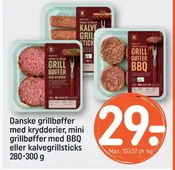 REMA 1000 Danske grillbøffer med krydderier, mini grillbøffer med BBQ eller kalvegrillsticks 280-300 g tilbud