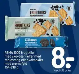 REMA 1000 REMA 1000 frugtkiks med skovbær- eller med æblesmag eller kakaokiks med cremefyld 154-218 g tilbud