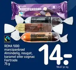 REMA 1000 REMA 1000 marcipanbrød Almindelig, nougat, karamel eller cognac Fairtrade 75 g tilbud