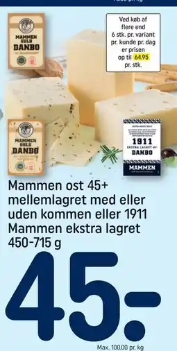 REMA 1000 Mammen ost 45+ mellemlagret med eller uden kommen eller 1911 Mammen ekstra lagret 450-715 g tilbud