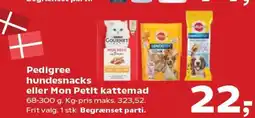 Kvickly Pedigree hundesnacks eller Mon Petit kattemad tilbud