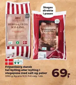 SuperBrugsen Frijsenborg dansk hel kylling eller kylling i stegepose med salt og peber tilbud