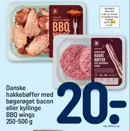REMA 1000 Danske hakkebøffer med bøgerøget bacon eller kyllinge BBQ wings tilbud