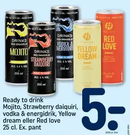 REMA 1000 Ready to drink Mojito, Strawberry daiquiri, vodka & energidrik, Yellow dream eller Red love tilbud