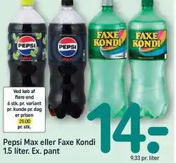 REMA 1000 Pepsi Max eller Faxe Kondi 1,5 liter. Ex. pant tilbud